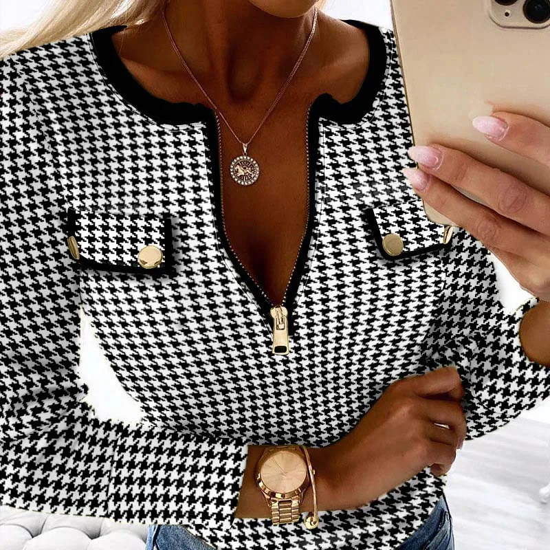 

Women Casual Houndstooth Print Long Sleeve T-Shirts Spring Autumn Solid Slim Fit Pullovers Tees Shirts Female Base Tees Tops