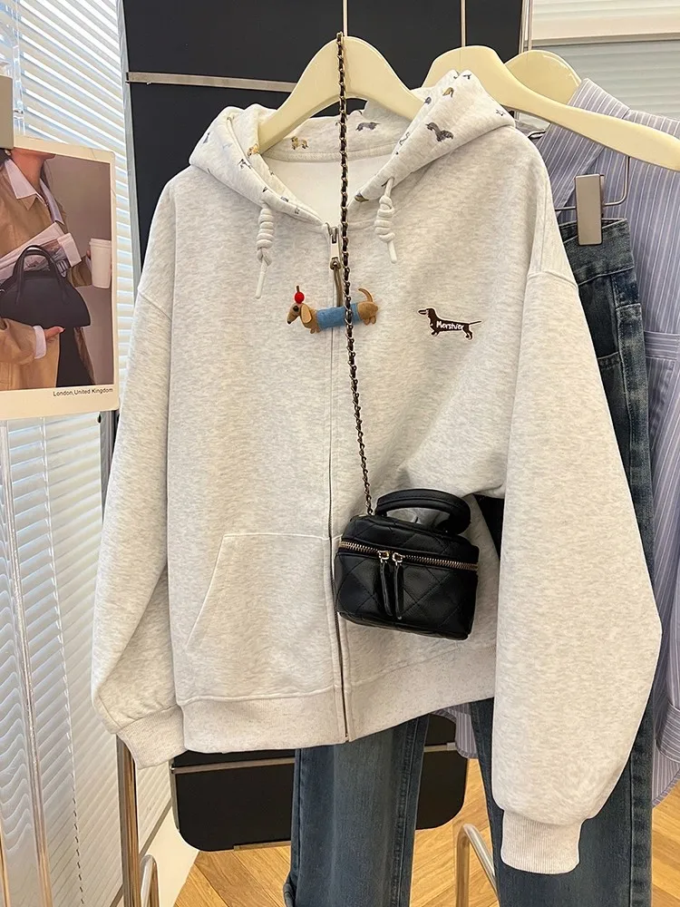 특대형 300파운드 미국 레트로 후드티 여성용 2025년 가을 신상 고급 지퍼 오픈 가디건 스웨트셔츠 아우터웨어