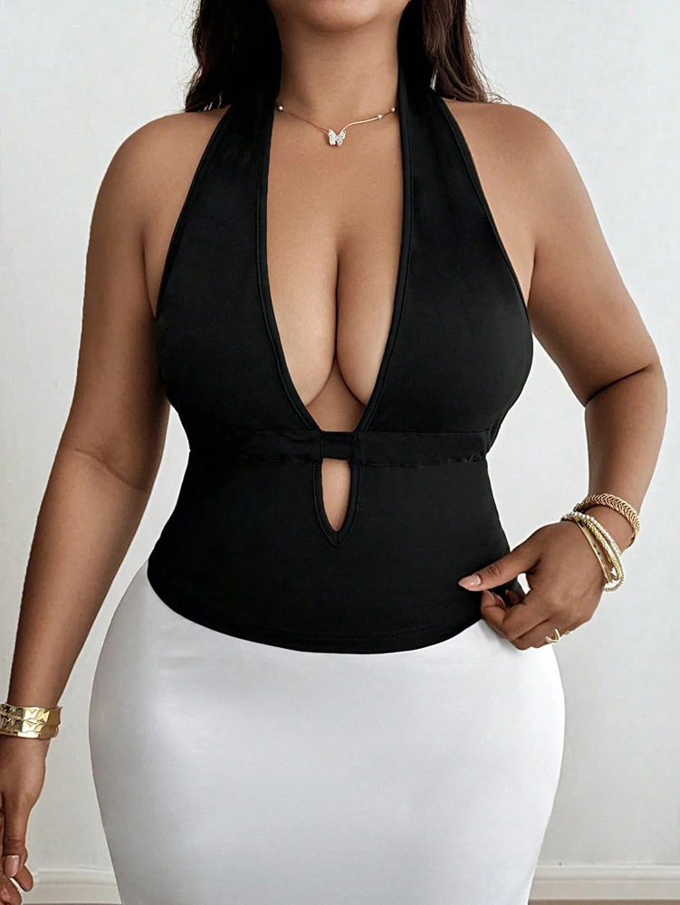 

Plus Size Solid Halter Crop Top Features Deep V Neck Front Hollow Out Cutout, Soft Stretchy Skin-Friendly Fabric, Slim Fitted Cr
