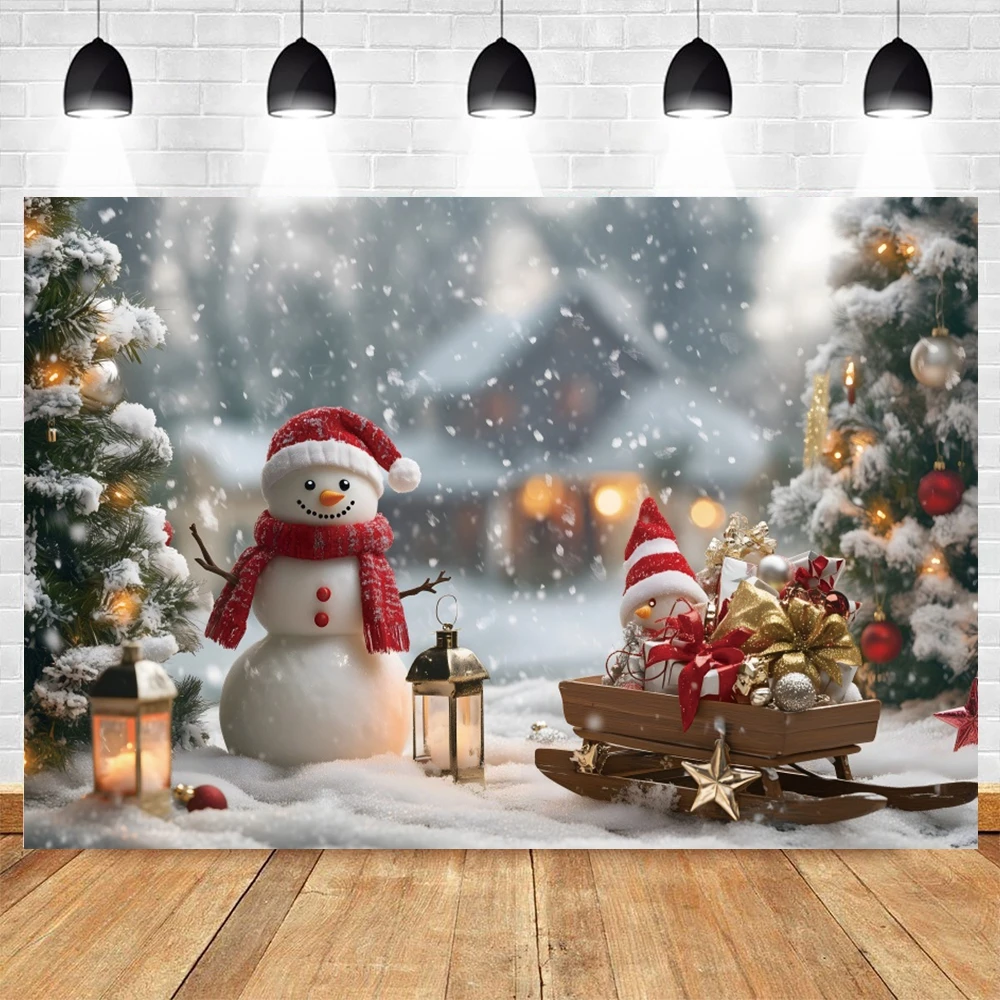 Christmas Snowman Photography Background Winter Forest Path Scene Christmas Tree Kids Adults Portrait Backdrop Photozone Props