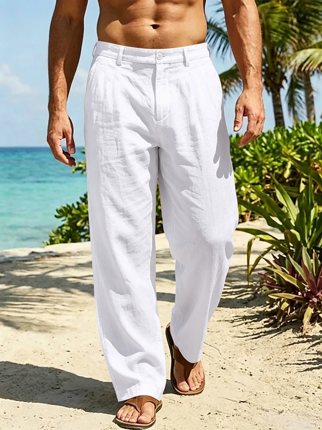 New Summer Linen Trousers For Men, Lightweight, Breathable, Straight-Leg, Loose-Fitting Or Draping Long Pants for Beach Vacation