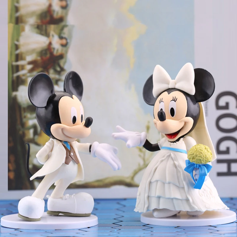 Disney Mickey Mouse Minnie Marry Wedding Dress Couple Action Figure Modle Toy Doll White Dress Cake Decoration Wedding Gift