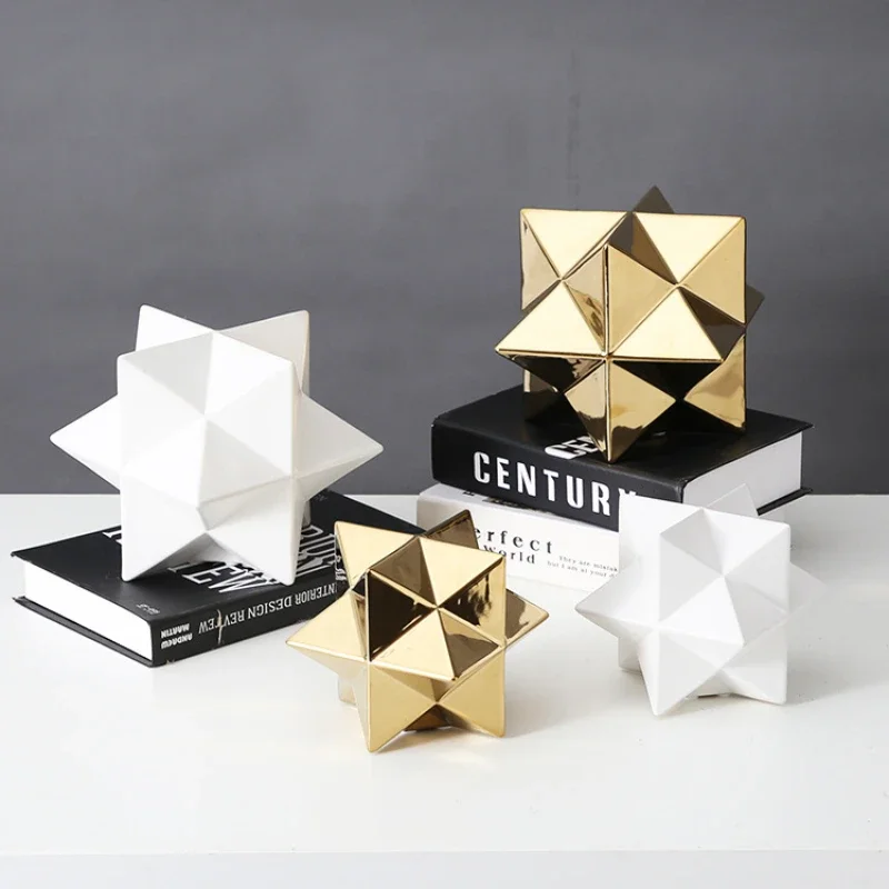 Ceramic Ornament Geometric Five-pointed Star Ceramic Decoration Golden Cube Decorative Figurines Home Decoration Accessories
