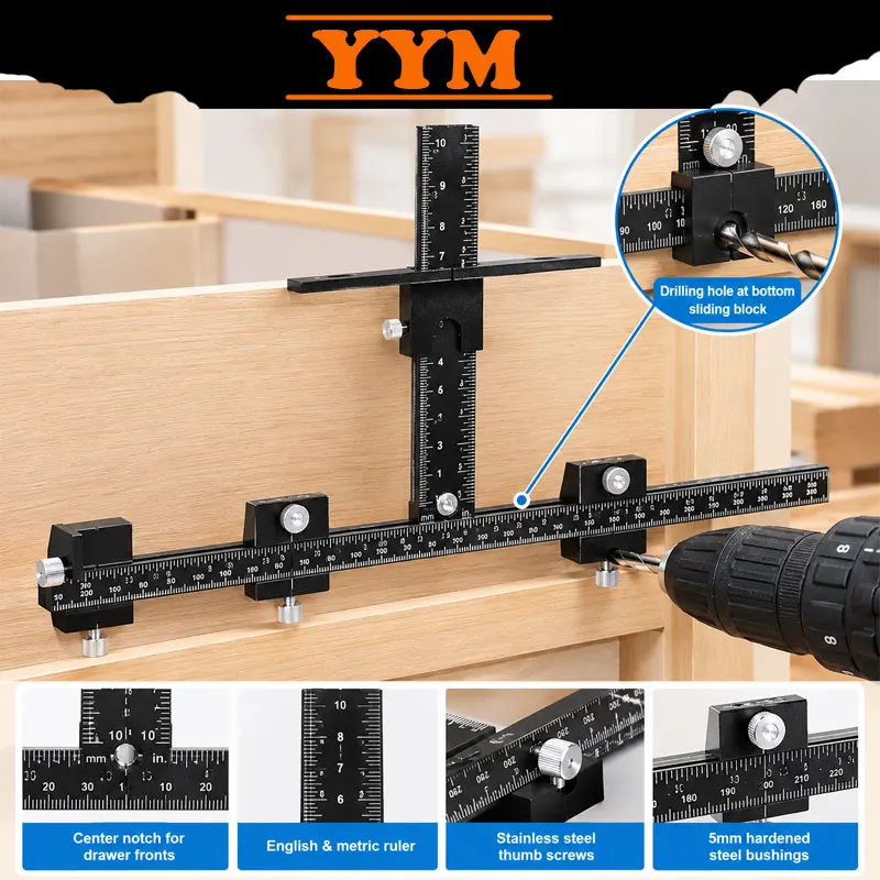 YYM Woodworking Drill Locator Jig, Adjustable Hardware Guide, Precise Dowelling Tool for Cabinet Drawer Pull & Knob Installation