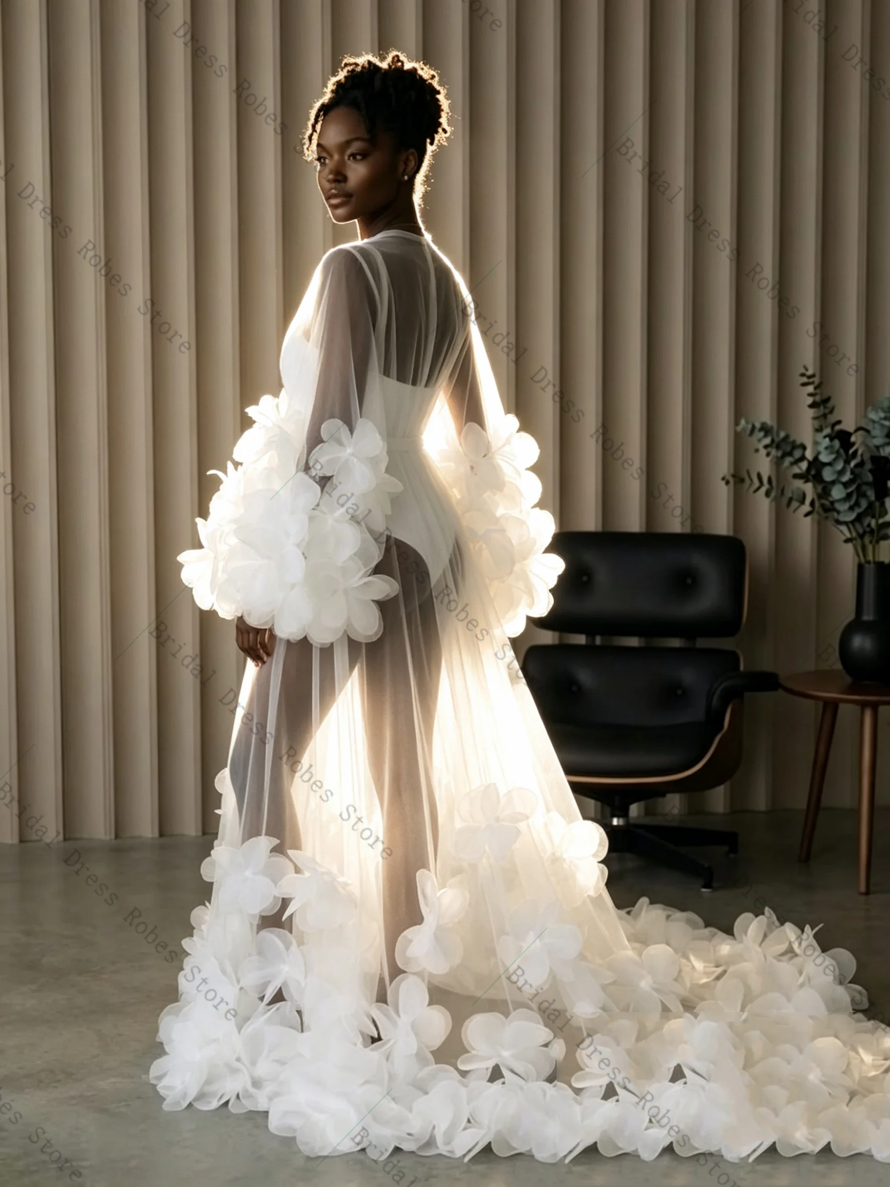 

White Sheer Women Prom Dress For Photoshoot Formal Sexy V Neck 3D Flower Tulle Bridal Morning Robe Customized Night Gown