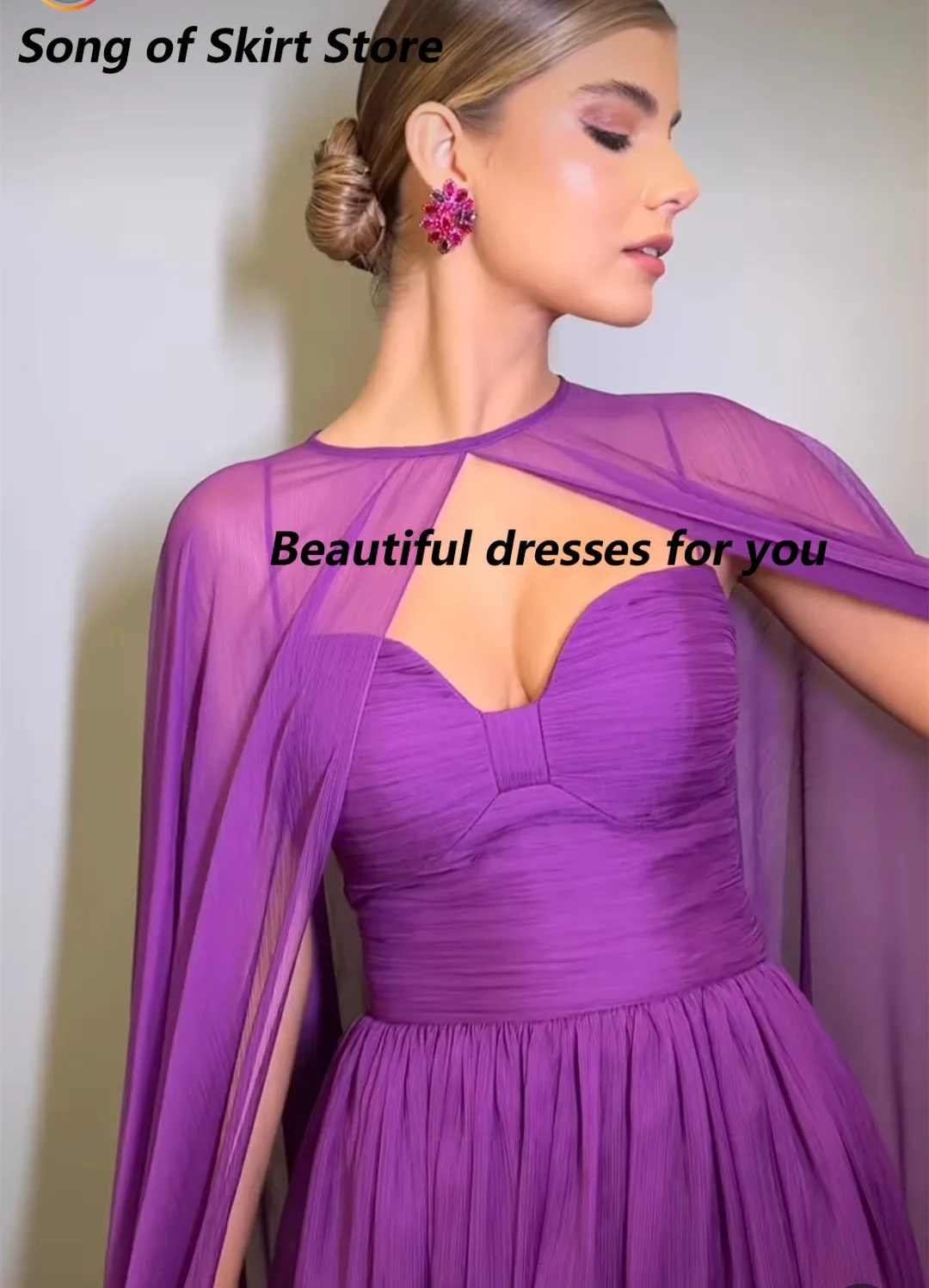 Customized Elegant Long Purple Party Evening Dresses with Cape A-Line Pleated Floor Length Formal Prom Dress for Women image 3