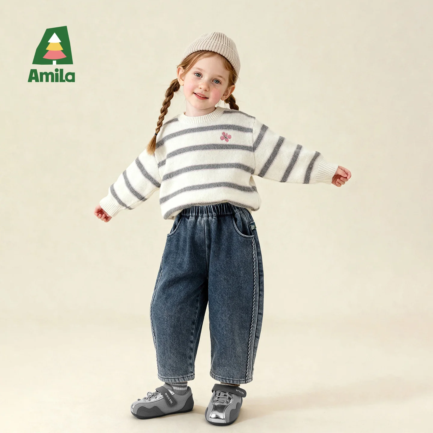 أميلا بنطال كاوبوي شتوي باللون الأزرق الداكن بأرجل واسعة مع تصميم سميك من قطعة واحدة من المخمل لاحتياجات الدفء والشتاء #2