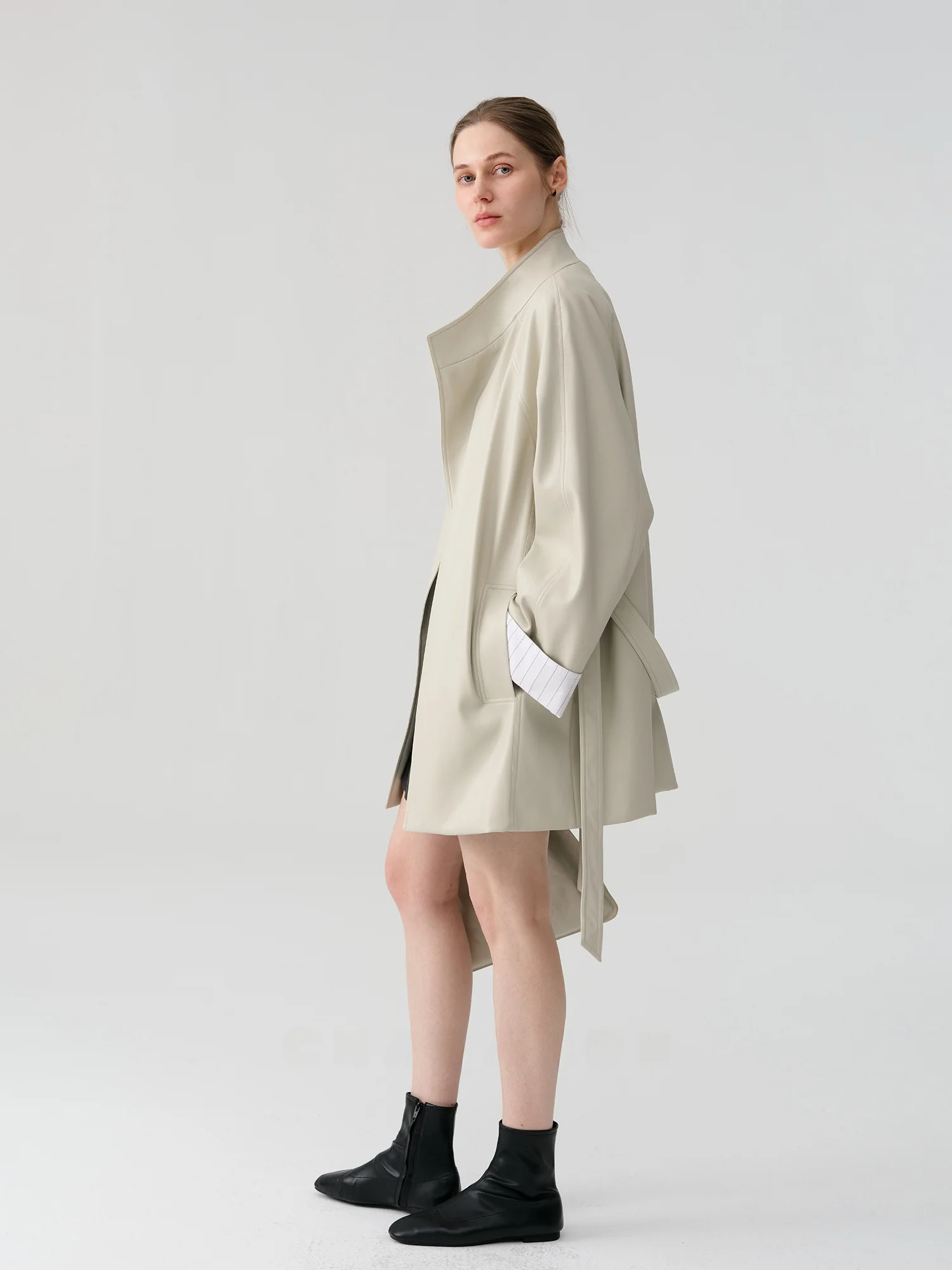 Camon 春秋 レディース ルーズスリーブ パッチワーク 環境に優しいレザージャケット ベルト付き カジュアル 長袖 スタンドカラー