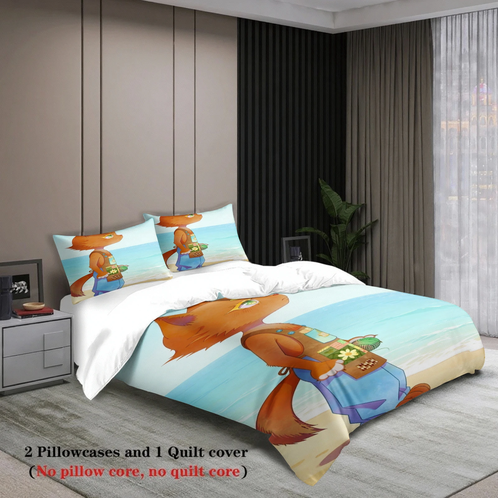 Blue Seaside Bedding Set Softville Cozy Town Cute Fern the Quilt Fox With Duvet Cover & Pillowcase For Children's Bedroom Decor