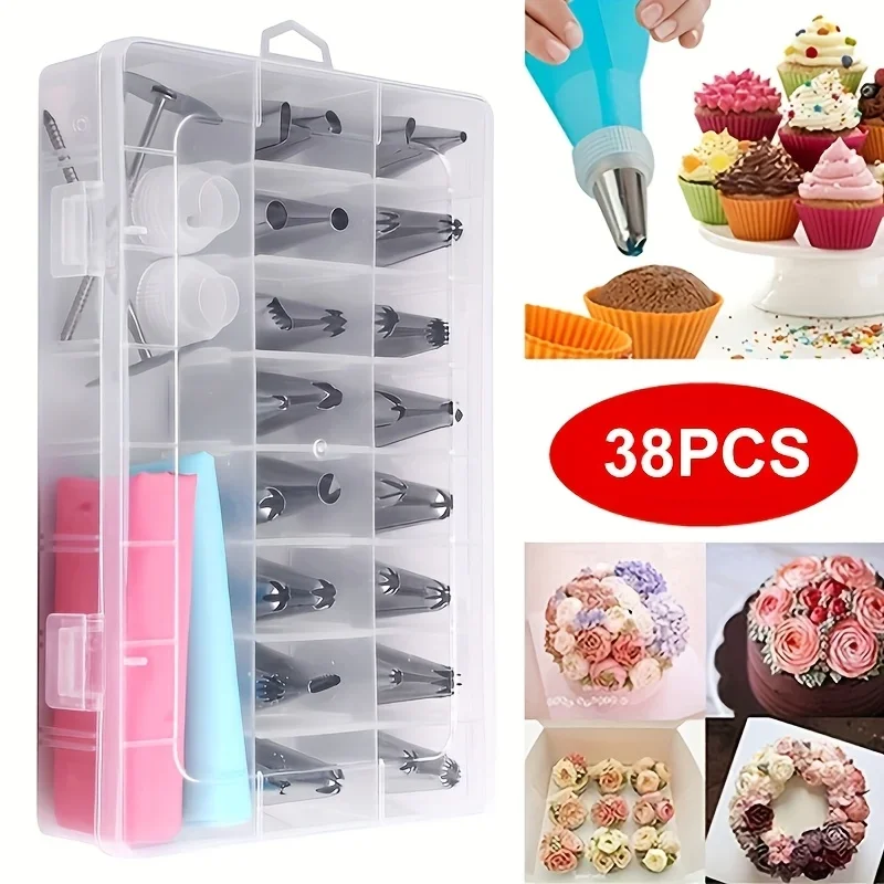 38pcs/set Dessert Baking Set Kitchen Bakery Cooking Tools (32 Piping Tips + 2 Piping Nails + 2 Piping Bags + 2 Converters)