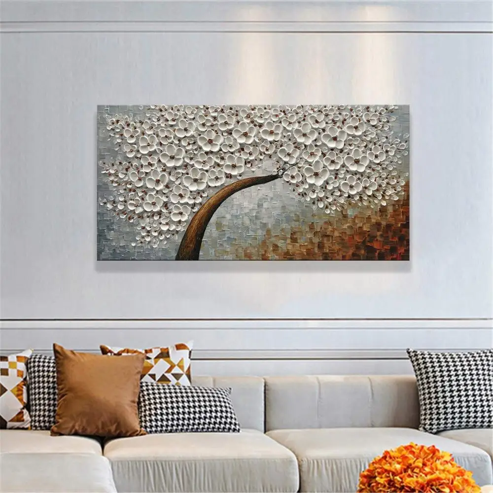 

Modern handmade white background white flower painting abstract art on canvas