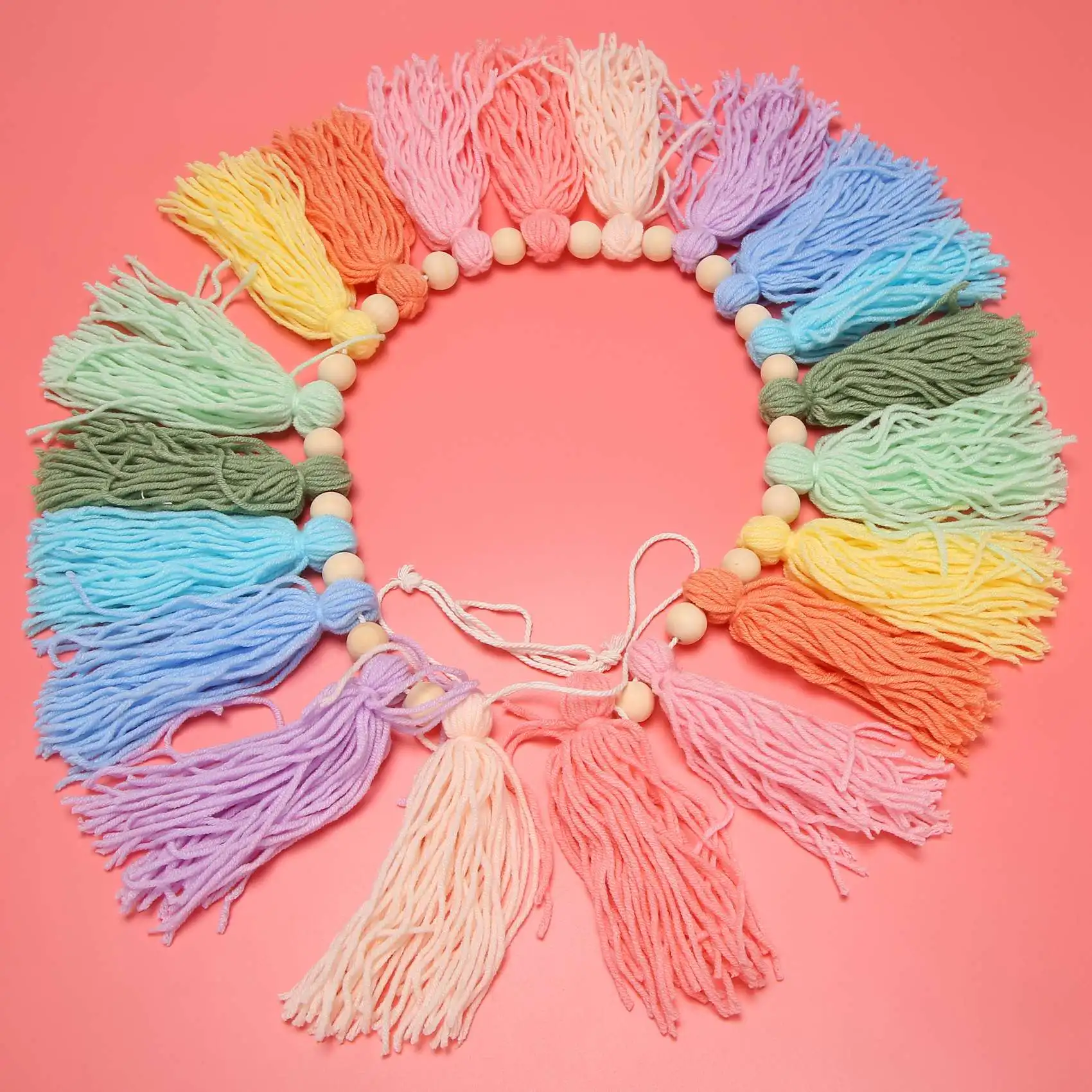 LDHL 37Inch Pastel Rainbow Tassel Garland with Wood Bead Colorful Tapestry for Bedroom Wall Classroom Nursery Party Decor