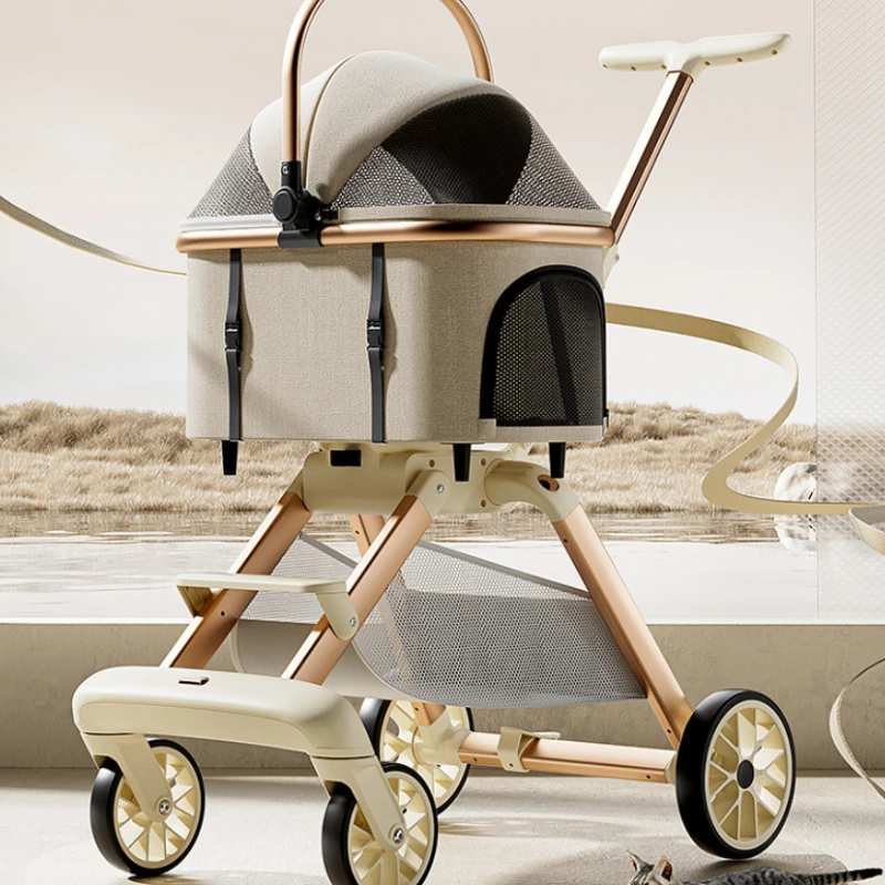 

Foldable Pet Stroller for Cats & Dogs Detachable Aluminum Alloy Dog Cart Fashion Pushchair with Canopy Multi-Functional Dog Seat