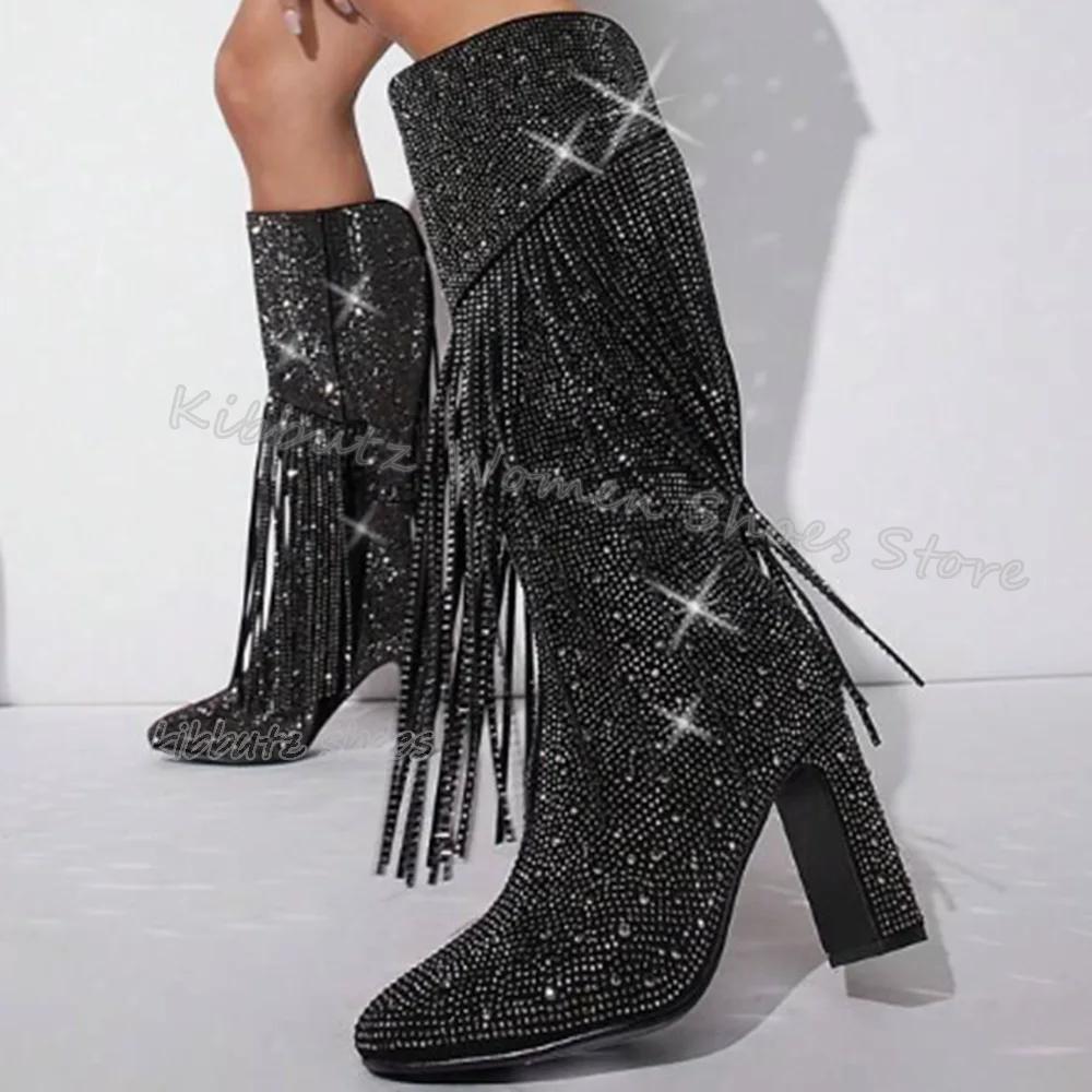 

Rhinestone Fringe Knee High Boots Cowboy Elegant Glossy Concise Fashion Side Zipper Chunky Heel Pointy Women Shoes New Slip-On