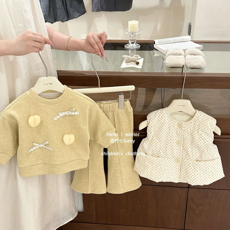 Children's Clothing Girls' Fleece Hoodie Set, Children's Autumn and Winter Warm Cover, Top, Pants Two-piece Set