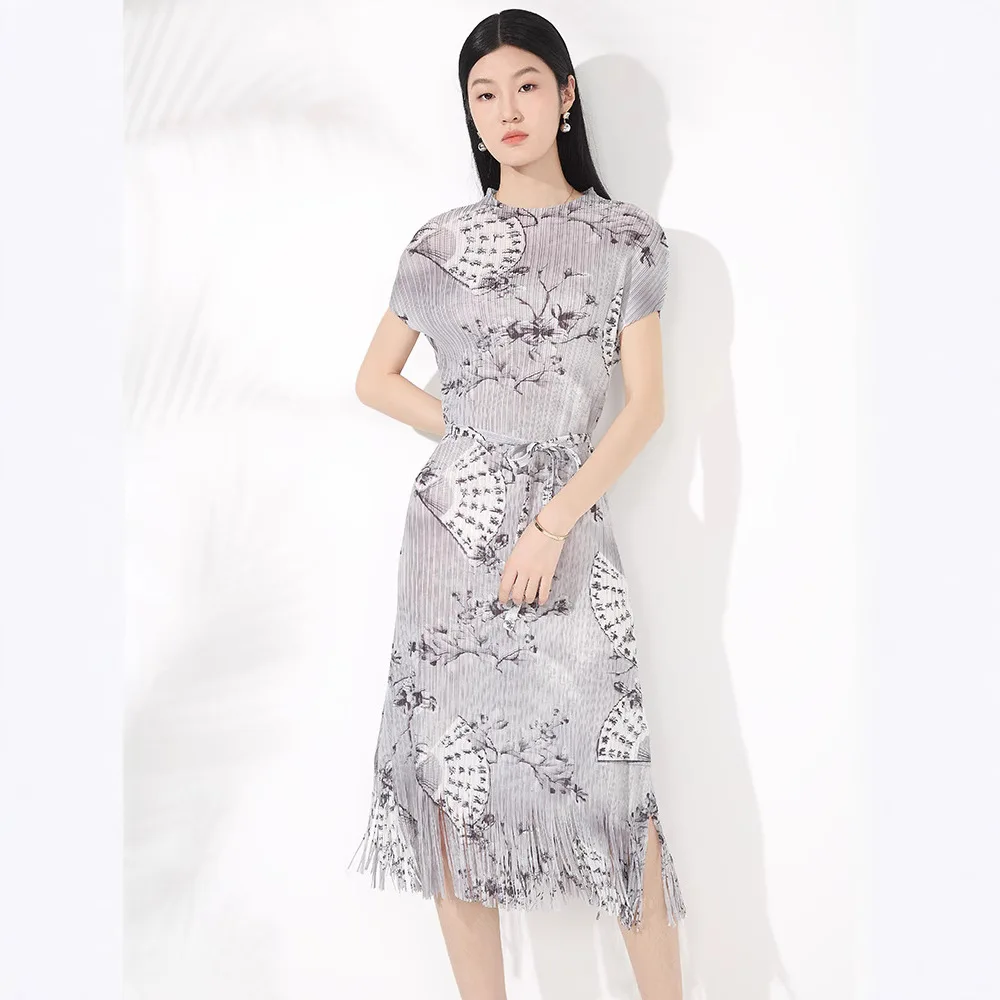 

Miyake Style Pleated Print Design Tassel Dress for Women's Summer One-length One-collar Pullover Midi-length Lace-up Midi Skirt