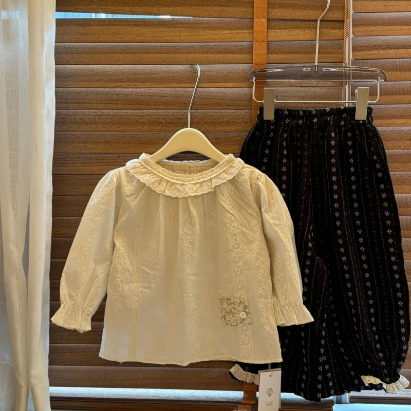 

2025New Autumn Toddler Forest Style Long Sleeve Shirt Girl Doll Shirt Top Stylish Girl Set Embroidered Edge