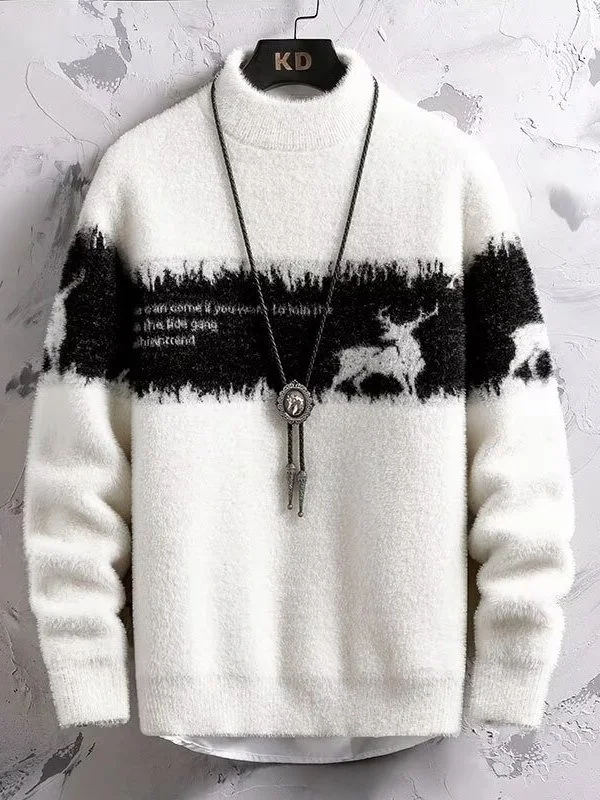 

Men's Thiened f-High Collar Knitted Sweater Faionable Mink Velvet Loose Fit Warm Base Layer irt for Autumn Winter