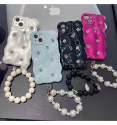 Cute Wave Diamond Pearl Heart Soft Phone Case For iPhone 16 15 12 13 14 11 Pro Max