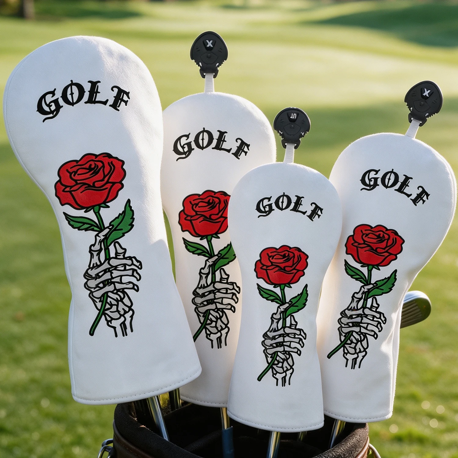 1PC PU Golf Wood Headcover, Rose Skeleton Hand Design, White Protective Golf Cover, Fit for Driver Fairway Hybrid