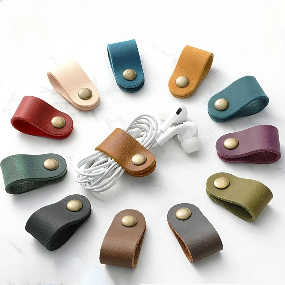 2/5/10pcs Random Color PU Leather Data Cable Earphone Cable Leather Tie, Without Battery, Assorted Colors, Durable & Flexible