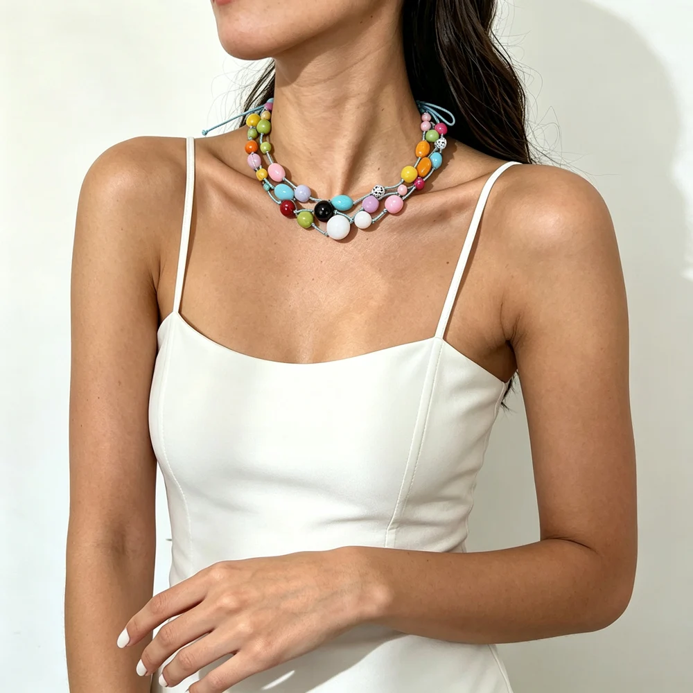 Colorful Macaron Beaded Choker Multistrand Rope Tie‑Knot Twisted Necklace Hand Woven Bracelet Women Boho Fashion Jewelry
