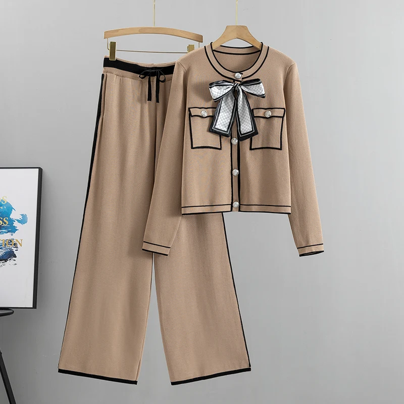 Autumn Women Elegant Sweet Two Piece Set Long Sleeve Bowknot Tops Short Coat + Wide Leg Pants Suit Female Casual Outfits Fall