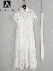 AELESEEN Designer Fashion Lace Dress Women Summer Turn-down Collar Hollow Out Flower Embroidery Belt White Black Elegant Midi