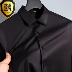 Basic Men's Black Shirt Long Sleeve Non Ironing Wrinkle Ice Silk Casual Soft Camisas Business Dress Mens Designer Clothes 5XL