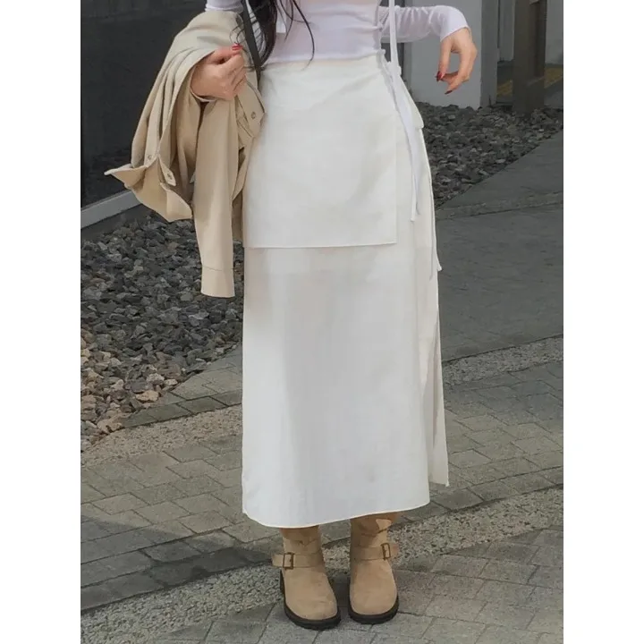 

Korean Sle Simple Versatile Rope Bow Split f Skirt for Women Casual High Waist A-Line Skirt Polyester Fiber