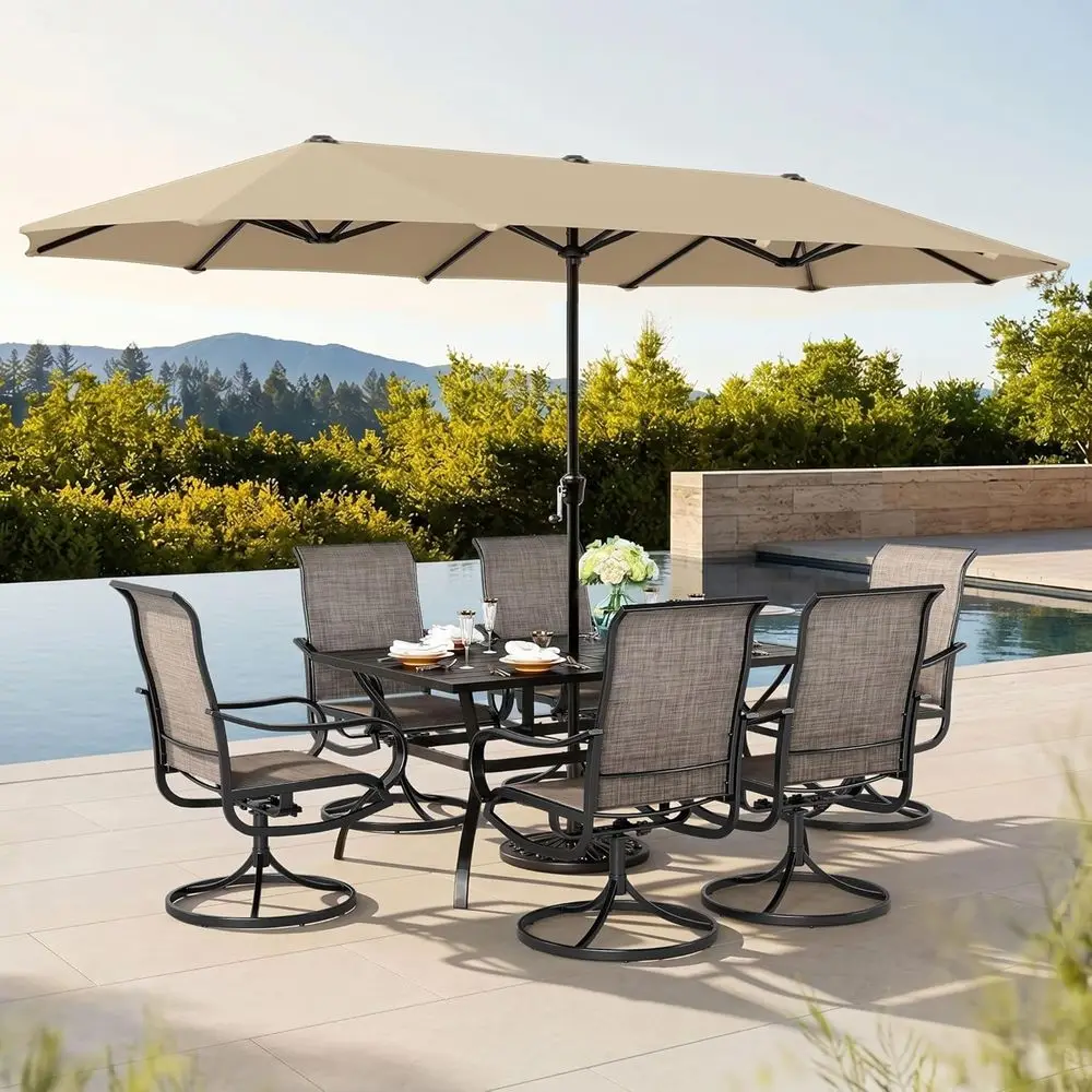 

Patio Set with Umbrella 8 Pieces Outdoor Dining Set or 6 with 13t Double-Sided Patio Umbrella Beige, 6 x Swivel Patio Chairs