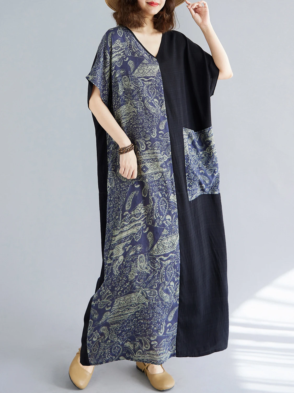 فستان طويل كاجوال بطباعة بوهيمية وتصميم مرقع بمقاسات كبيرة، فستان شاطئ بأكمام قصيرة على طراز الروب، أزياء صيفية للنساء