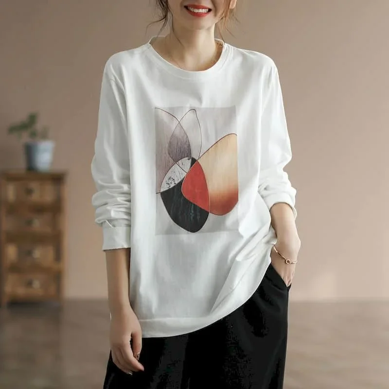 Pop Pop Literary T-shirts Women Harajuku Abstract Print Tees Oversized Casual Korean Style Long Sleeve O-neck Aesthetic Clothes