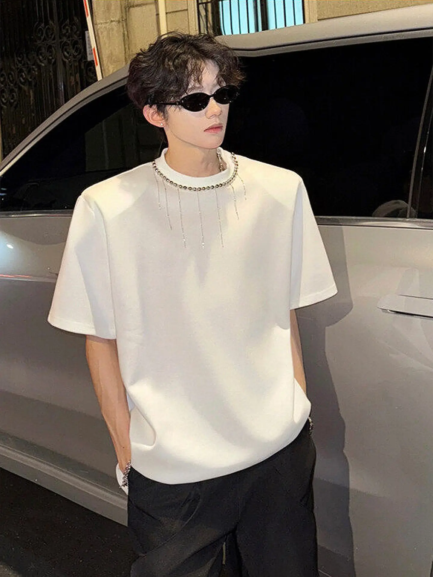 Summer Men's Rhinestone Tassel T-shirt American Casual Fashion Loose High Street Beading Round Neck Male White Tees