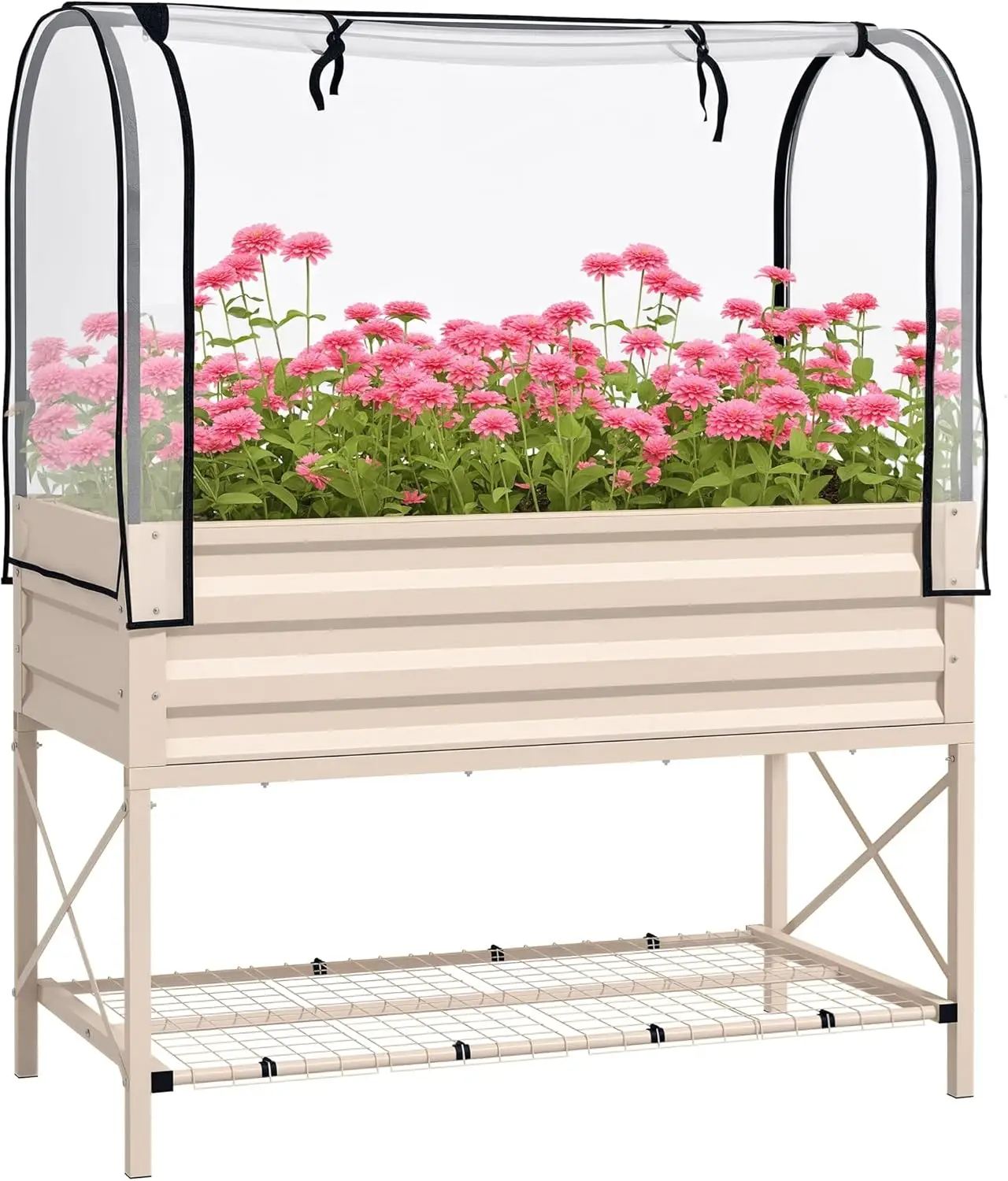 

Raised Garden Bed with Cover and Storage Shelf, Rectangular Metal Elevated Planter Box with Legs and Bed Liner for Vegetables, F