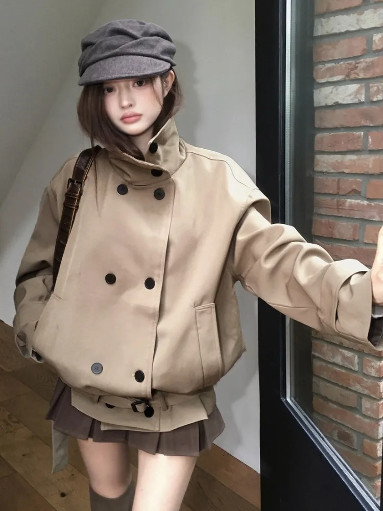 Fashionable Short Stand Collar Women's Jacket Double Breasted Retro Style Versatile Design Autumn Winter New Arrival Coat