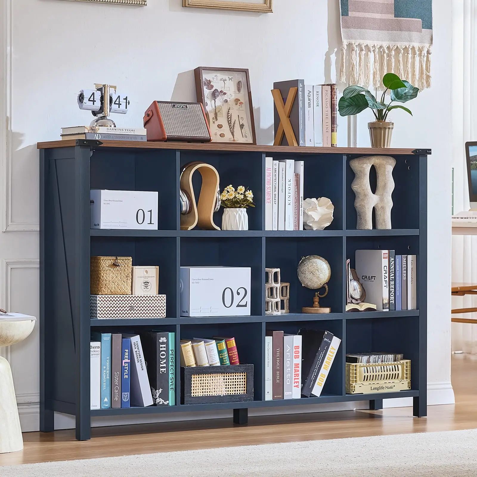 12 Cube Storage Organizer, Farmhouse 62 Inch Wide Brown Walnut Display Bookshelf, Wooden 3 Tier Large Open Book Shelf