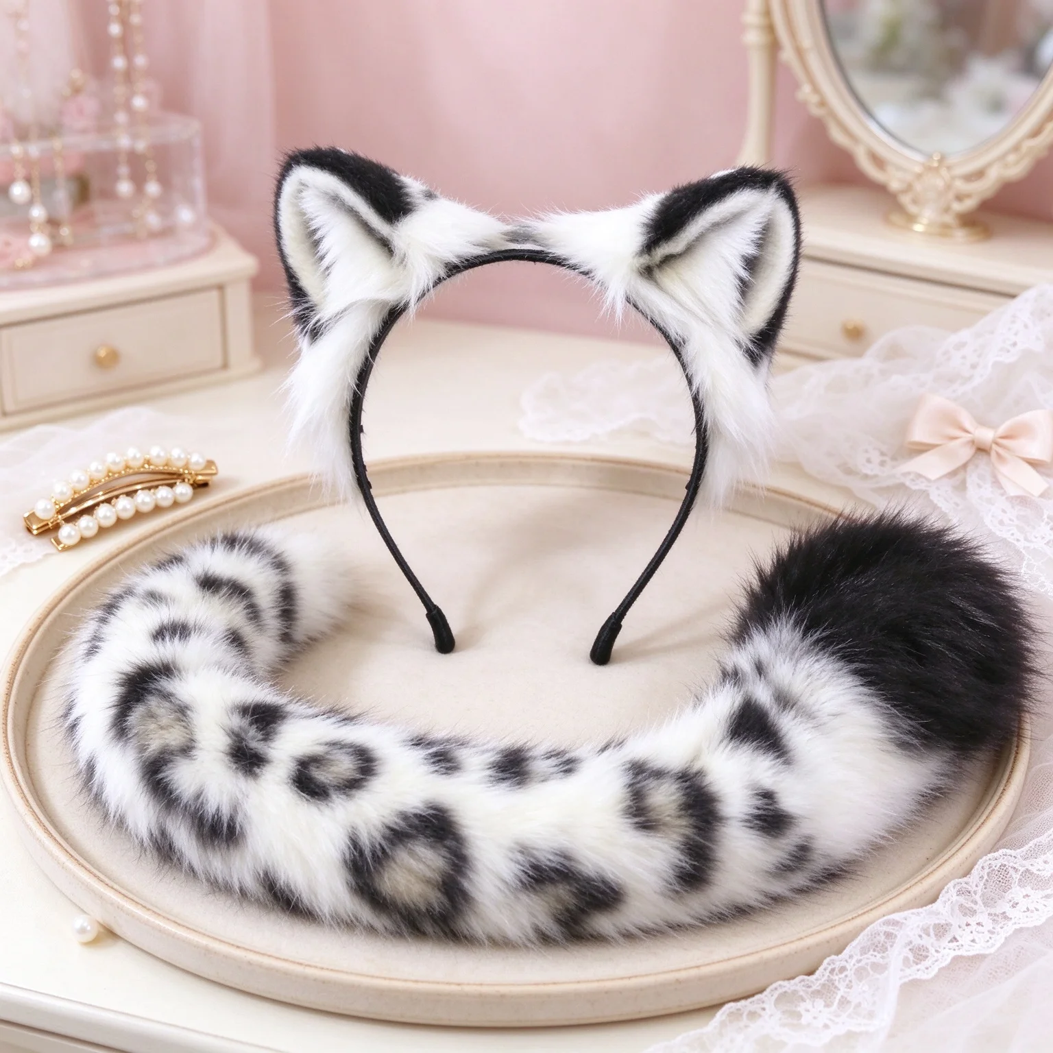 Simulation Snow Leopard Ear Headband with Matching Tail, Handmade Furry Hair Ornament, Halloween Party Cosplay Costume Accessory
