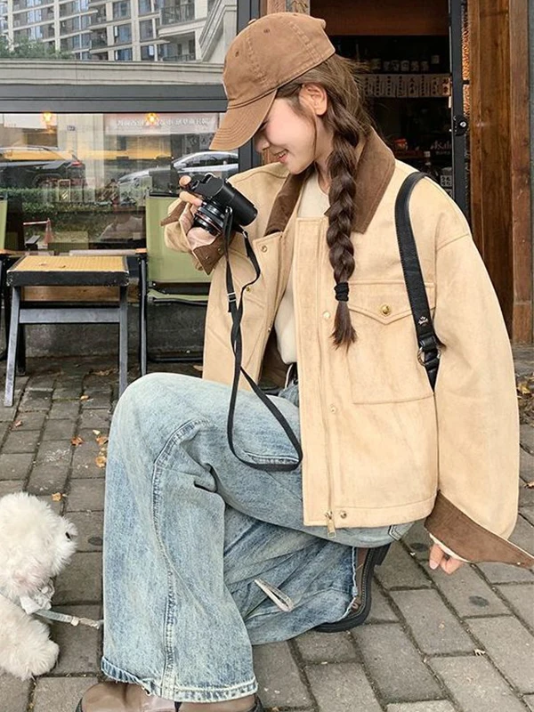 

plus Size Workwear Jacket Long Sleeve Turn-down Collar Casual Spring Style Women's Coat American Retro Style College Windbreaker