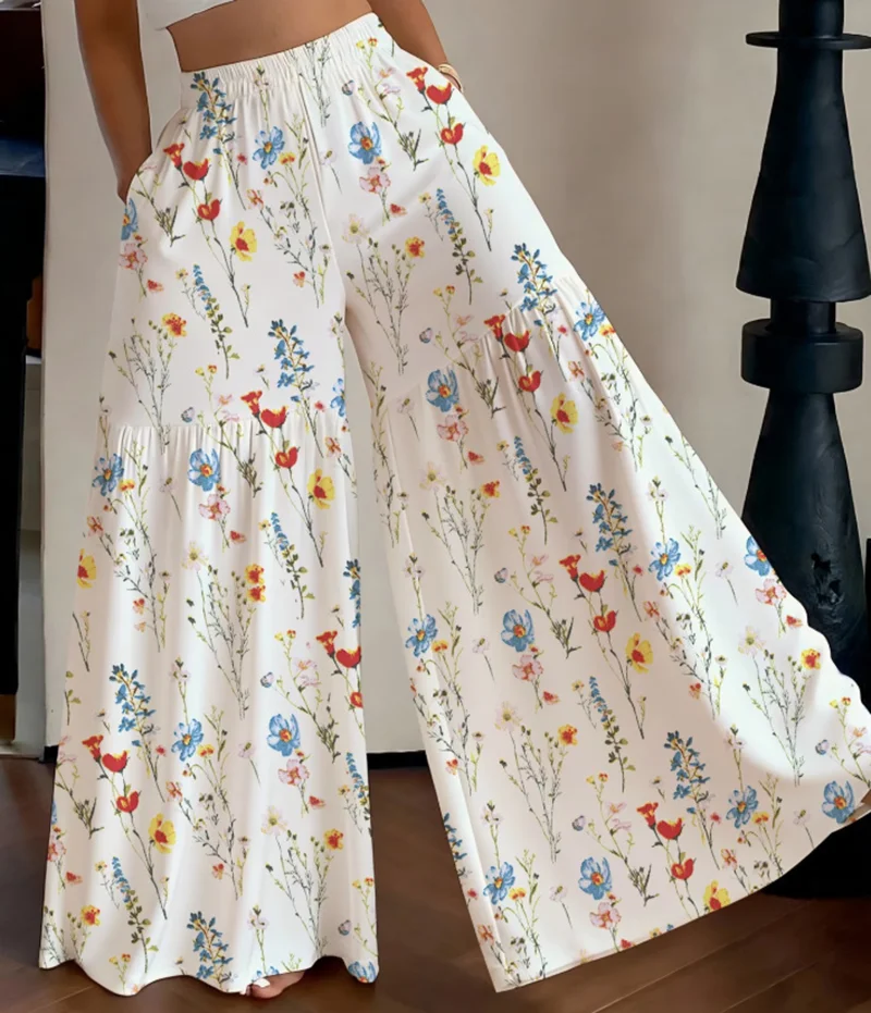 2026 Summer Elegant Women Fairy Flower Wide Leg Pants High Waist Loose Thin Wide Legs Versatile Patchwork Straight Trousers