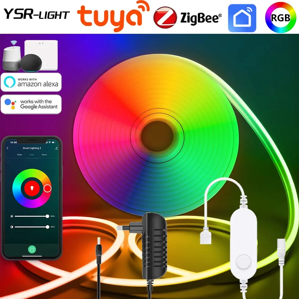 DC12V Tuya Zigbee RGB NEON LED 5M 10M 16 Milions Color Dimmable Soft Tape Waterproof Room Decor Voice Control for Google Alexa