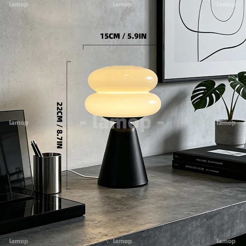 Glass Gentle‑Halo Double‑Layer‑Ovoid Taper‑Base Table Lamp Poetic‑Literary Casual 3 Tone Mellow Radiance Study Desk Shelf Decor