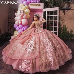 Glitter kralen Crystal Quinceanrra prom jurken Elegant off the shoulder prinses aangepast luxe 3D bloem zoet 16 jurk