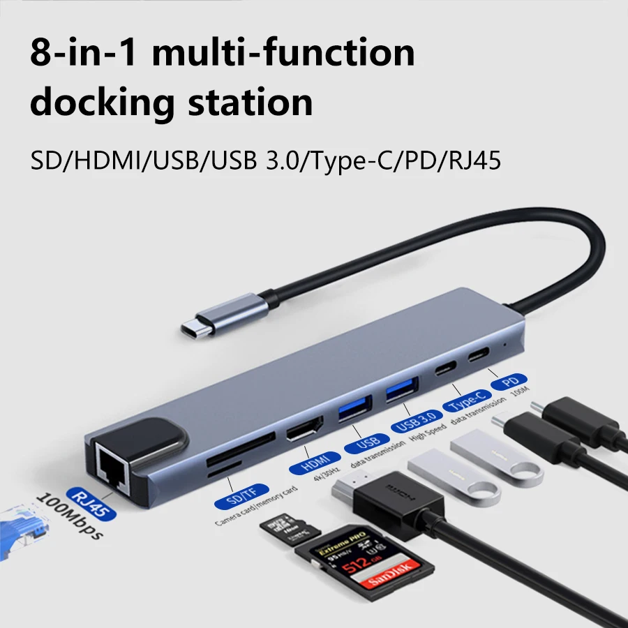 

USB C 8-in-1 Hub Docking Station Type C with HDMI RJ45 SD/TF Card Reader PD Fast Charging Compatible with MacBook Laptops Use