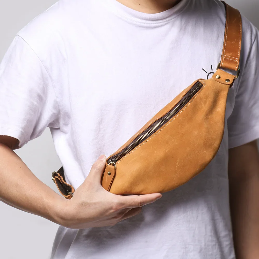 Pochete de couro retrô masculina, bolsa de cintura de couro de cavalo louco, bolsa de ombro crossbody, bolsa de peito de couro, mochila esportiva ao ar livre