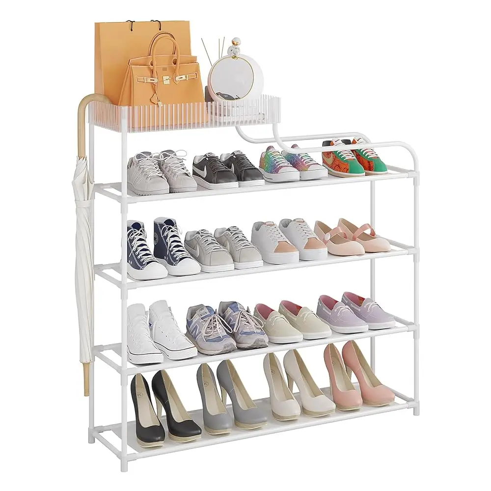 

4-Tier Free Standing Shoe Ra With Storage Boxes - High Acity Organizer For Corridor, Living Room, Balcony, Bedroom, White