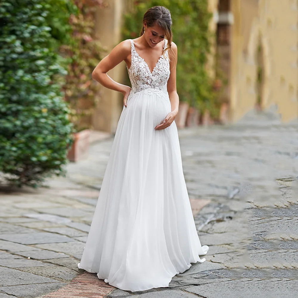 Sexy Schwangere Braut Hochzeitskleid Maßgeschneidertes Brautkleid V-Ausschnitt Ärmellos Applikation Spitze Chiffon A-Linie Vestido De Noiva