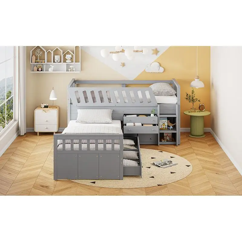 سرير علوي مزدوج موفر للمساحة على شكل حرف L مع منصة مزدوجة و7 أدراج، ودرابزين كاملة، رمادي #6