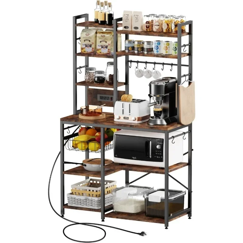 

6-Tier Kitchen Baker’s Rack with Power Outlet Utility Storage Shelf Rack with 14 Hooks, Industrial Floor Standing Spice Rack