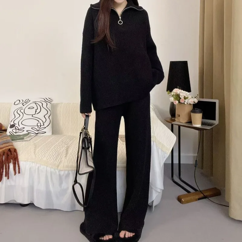 Set da 2 pezzi autunno donna maglione con cerniera top pullover lavorati a maglia a maniche lunghe pantaloni a gamba larga maglione casual da donna abiti invernali